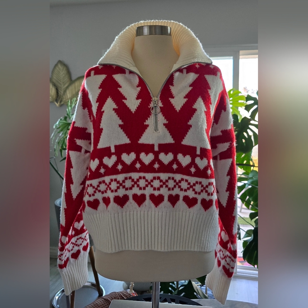 Jessica Simpson Christmas-Valentines Half Zip‎ Sweater Trees Hearts Size Large